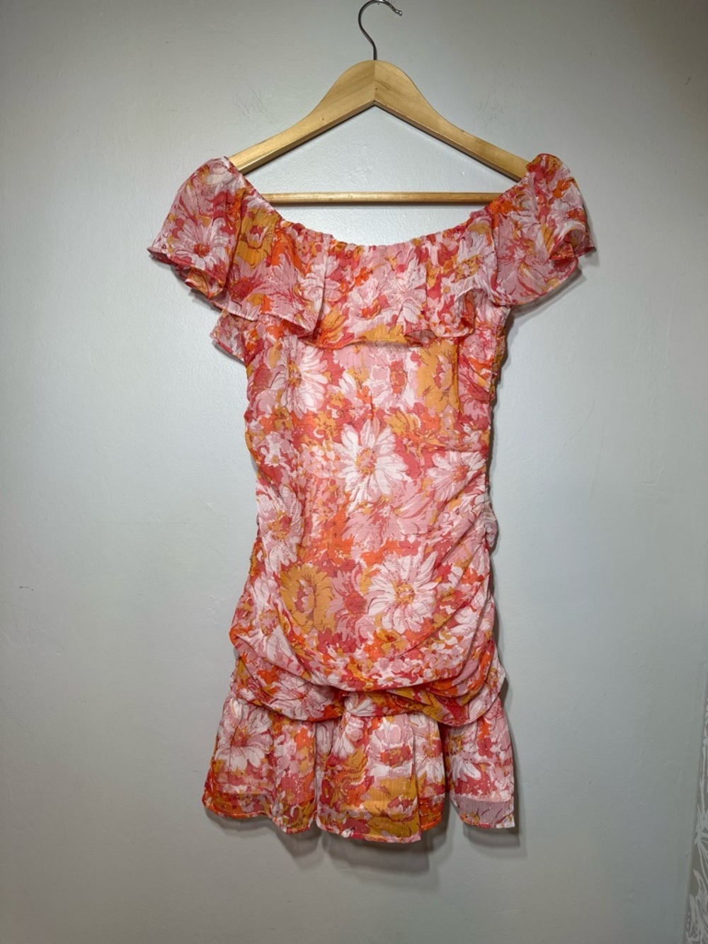 Fortunateone Floral Off-Shoulder Ruffle Mini Dress pink and orange Size Small - Picture 3 of 8